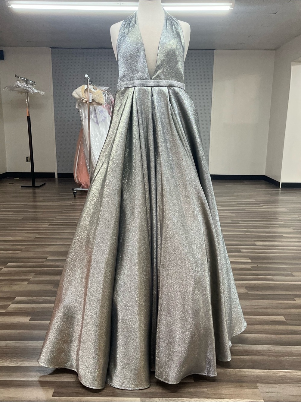 JVN by Jovani Silver Halter A-Line Prom Gown